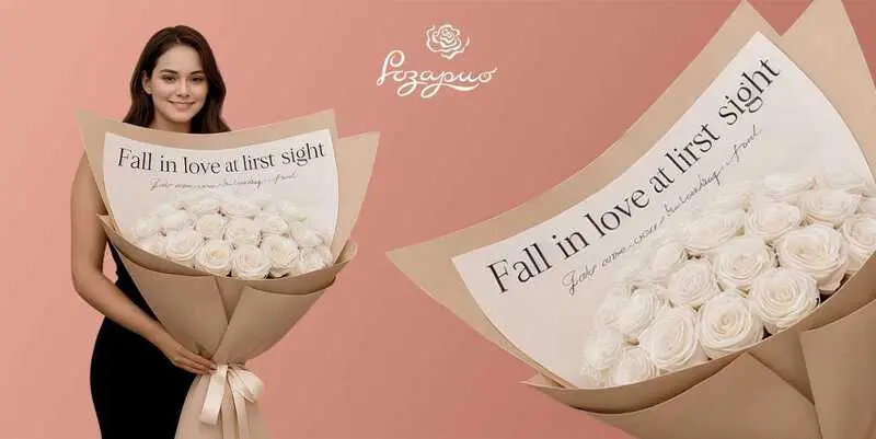 Огромный букет белых роз, фронтальный вид, в руках у девушки