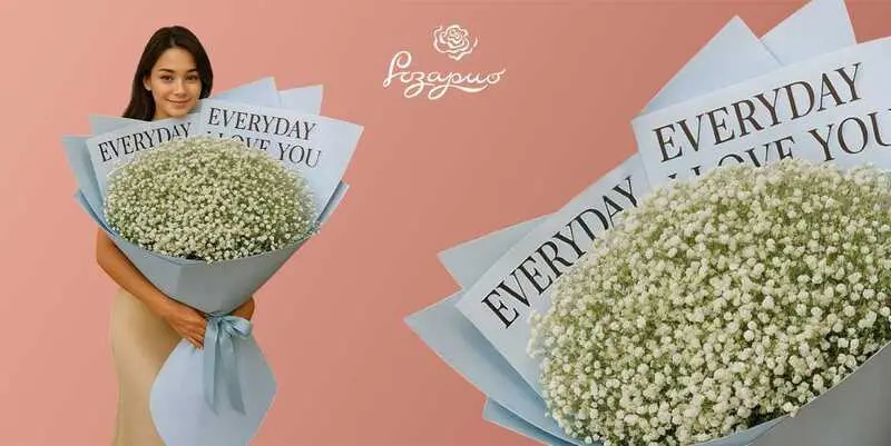 Букет гигант из белой гипсофилы, фронтальный вид, в руках у девушки